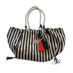 JADEtribe Valerie Rope Beach Bag OS Navy White Stripes Boho Nautical Resort Chic